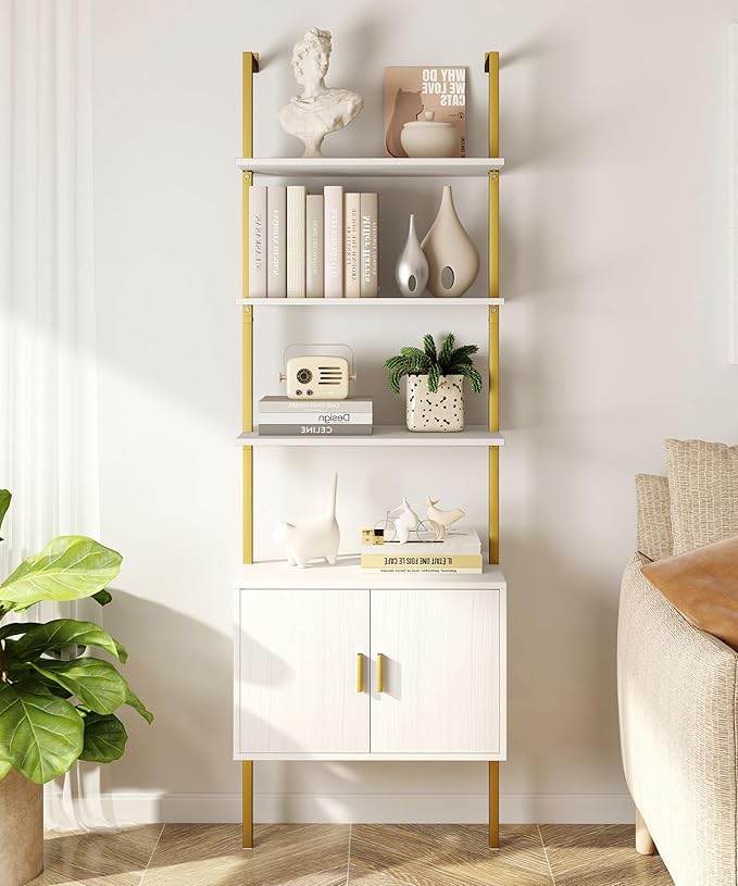 Yusong 73" Tall Bookshelf with Cabinet, Industrial Ladder Wall Mount Shelf Bookcase with Wood and Metal Frame, Plant Shelf Wall Storage Display for Living Room Bedroom, White Gold