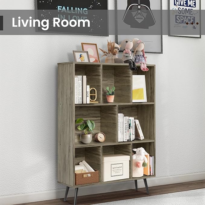Bookshelf, 3-Tier 8 Cube Open Wooden Book Shelf with Legs, Floor Standing Office Bookcase, Wooden Bookcase for Office Furniture, Cubby Storage Organizer for Living Room/Bedroom