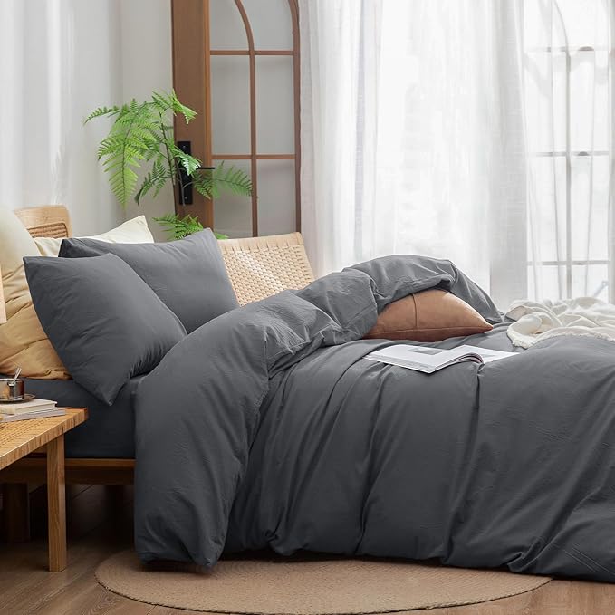 BESTOUCH Duvet Cover Set 100% Washed Cotton Linen Feel Super Soft Comfortable Chic Lightweight 3 PCs Home Bedding Set Solid Quiet Shade Grey Queen