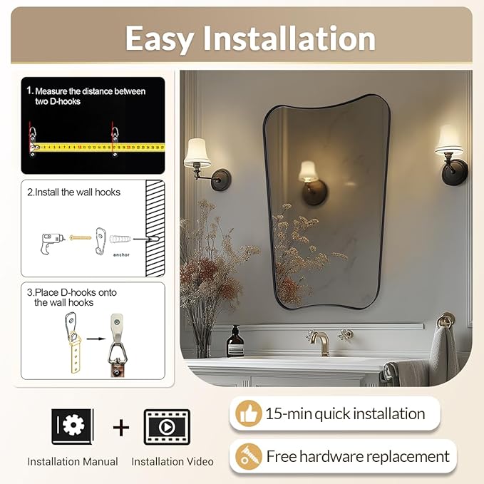 Black Bathroom Vanity Mirrors, 24 x 36 Irregular Wall Mirror with Black Trim Frame, Modern Asymmetrical Wall Mirror, Unique Shaped Decorative Mirrors for Living Room, Bedroom, Fireplace