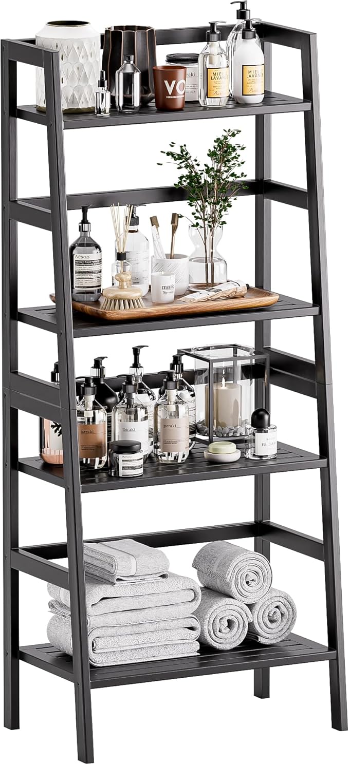 HITNET Black Bookshelf, 4-Tier Ladder Shelf, Freestanding Leaning Bookcase with Bamboo Shelves, Space Saving Flower Plant Stand for Small Space