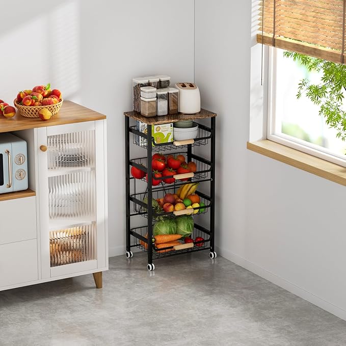 Black 5-Tier Fruit & Veggie Storage Cart on Wheels - Pull-Out Kitchen Organizer with 3 Tiers for Potatoes, Onions, & More