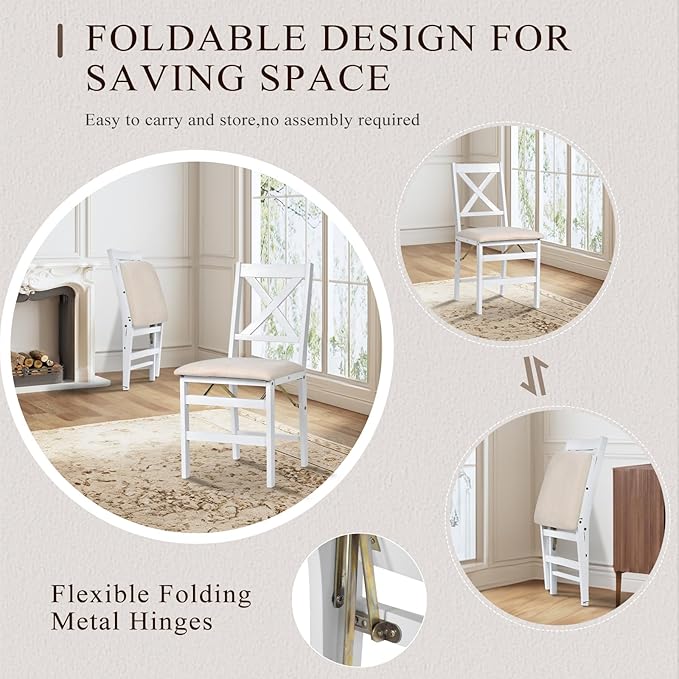 COLAMY Folding Dining Chairs Set of 6 – White Wooden Dining Room Chairs for Small Spaces, Pre-Assembled, Space Saving Kitchen & Dining Room Furniture, Indoor Outdoor Use
