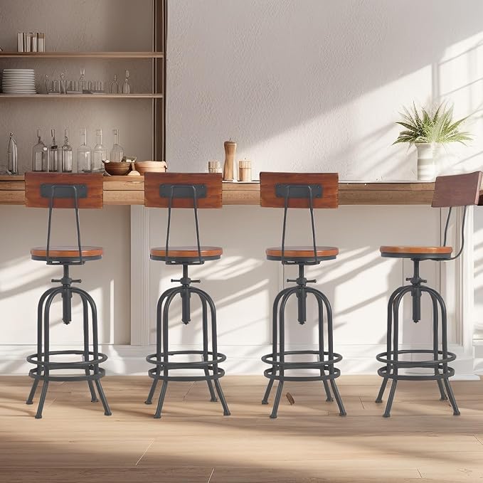 Set of 2-Industrial Bar Stools with Backrest-Swivel Wood Seat-Bar Counter Height Adjustable 26-32.2inch-Kitchen Island Dining Chair