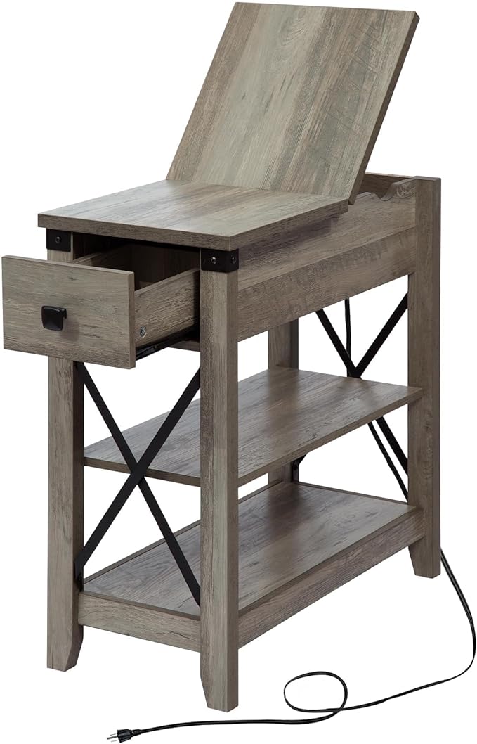 Narrow End Table with Charging Station Farmhouse Slim Side Table with USB Ports and Power Outlets, Nightstand with Flip Top and Storage Drawer, for Small Spaces Living Room Bedroom, Gray