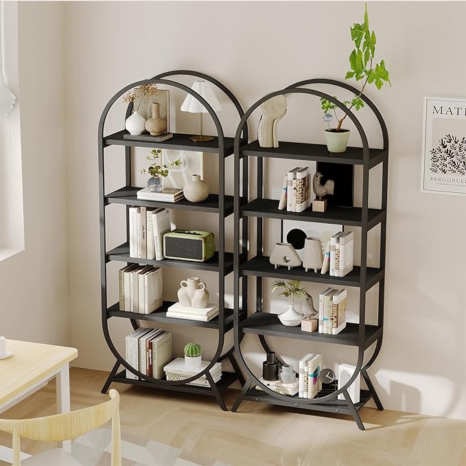 Bookshelf Arched Bookcase, Industrial 5 Tier Open Book Shelves with Metal Frame, 72" Tall Freestanding Display Rack for Home Office, Living Room, Black