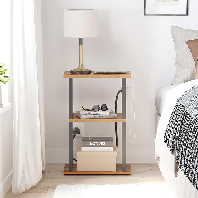 TUTOTAK Small Narrow Side Table with Charging Station, Skinny End Table for Small Spaces, Slim Nightstand with USB Ports and Outlet, Sofa Beside Table with Wheels, Brown TB01BB046