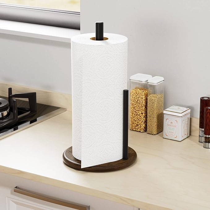 Paper Towel Holder Countertop with Real Wood Round Base, Farmhouse Paper Towel Holder Stand for Kitchen Dining Table Home Decor