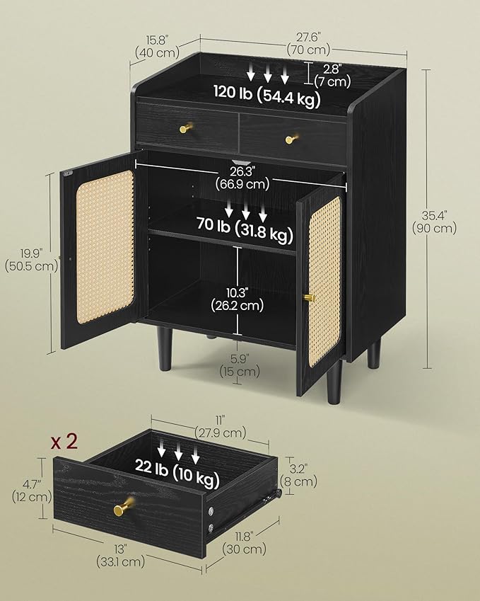VASAGLE BOHOVEN Collection - Buffet Cabinet, Sideboard Storage Cabinet with Rattan-Like Doors and Drawers, Accent Cabinet, Adjustable Shelf, Boho Style, for Living Room, Ebony Black