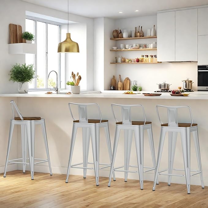 30 Inch Swivel Bar Stools Set of 4, Counter Height Bar Stools with Low Back, Metal Industrial Bar Chairs for Kitchen Island (Silver)