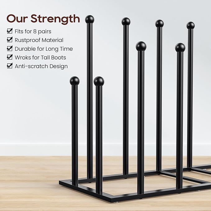 ORLESS Boot Rack Metal Black 8 Pairs Free-Standing Shoe Rack Boot Organizer Storage for Closet Entryway, Garage, Dorm Room, Hallway, Outdoor, Boot Rack