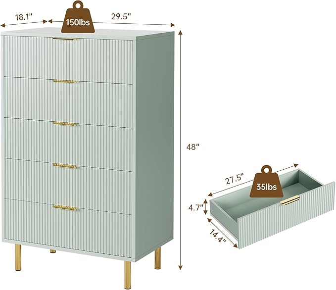 Green Dresser, Modern 5 Drawer Dresser for Bedroom with Gold Handle and Large Drawer, Wood Double Chest of Drawers and Storage Organizer for Living Room, Hallway, Entryway