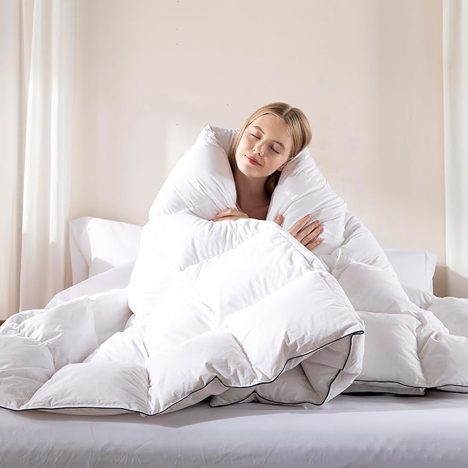 DOWNCOOL Feather Comforter King Size, White Fluffy Duvet Insert King with Ultra Soft 100% Cotton Cover, All Season Luxurious Hotel Bed Comforter with Corner Tabs, 106"x90"