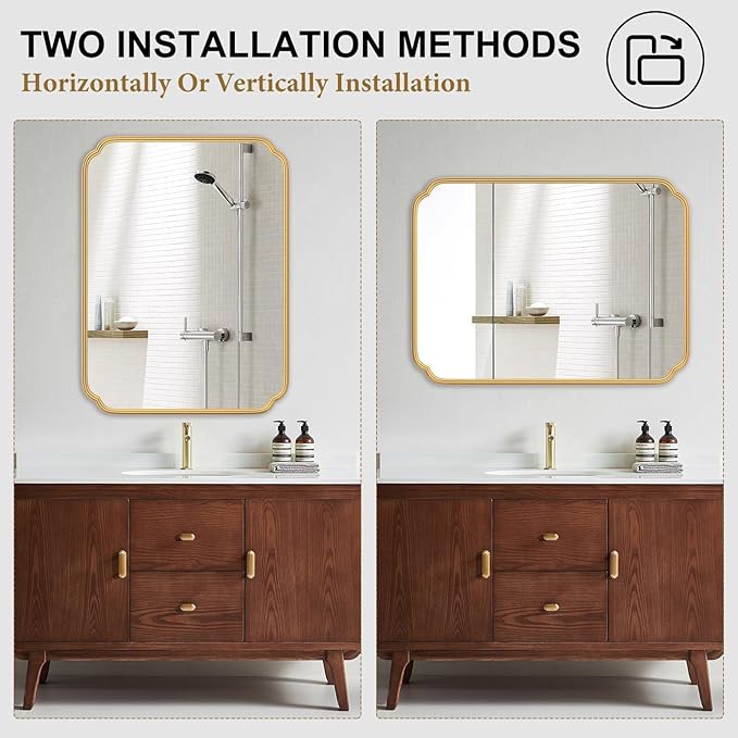 30" x 40"Gold Bathroom Mirror for Over Sink, Modern Rounded Corner Rectangle Wall Mirror for Bathroom Vanity Decorative with Non-Rusting Iron Metal Framed (Horizontal/Vertical)
