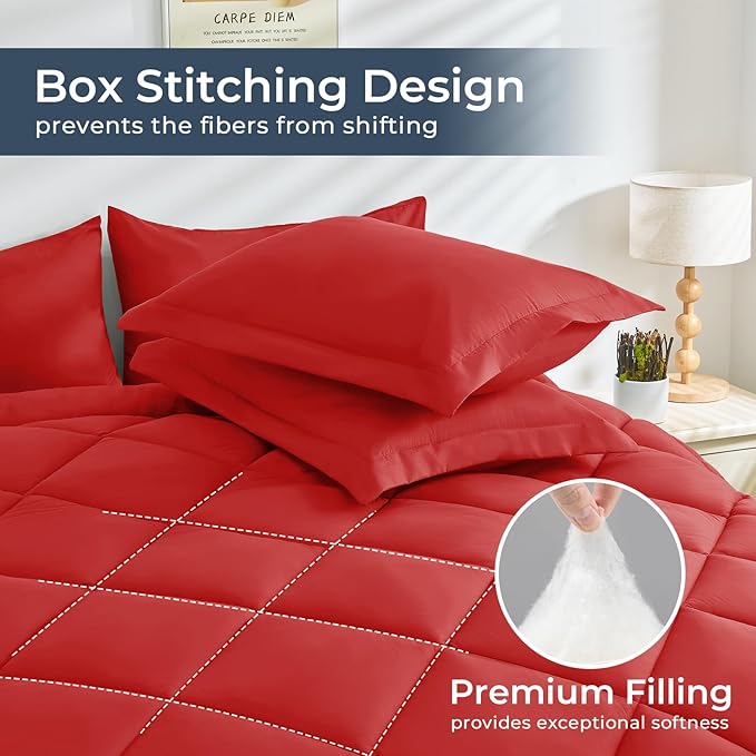 HEVUMYI Red Queen Comforter Set - 7-Piece All Season Bed in a Bag Queen, Ultra Soft Bedding Set with Comforter, Flat Sheet, Fitted Sheet, Pillowcases, Pillow Shams
