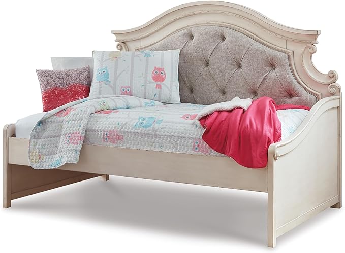 Signature Design by Ashley Realyn Traditional Upholstered Tufted Twin Platform Daybed with 1 Large Drawer, Foundation or Box Spring Not Needed, White & Beige