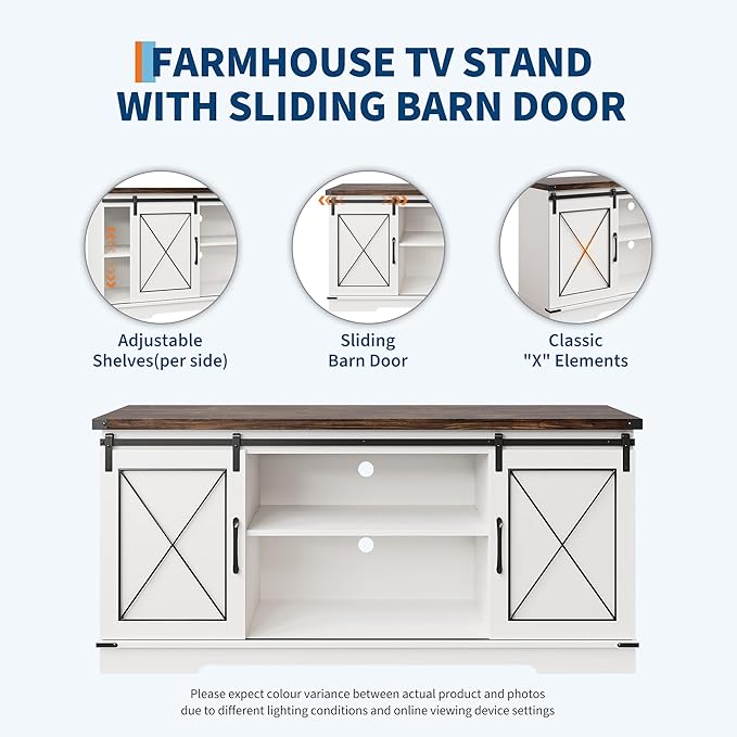 CABIHOME Farmhouse TV Stand and Entertainment Center for TV Up to 65 Inches with Sliding Barn Doors, TV Media Storage Console Table and Furniture for Living Room, Bedroom, White & Brown