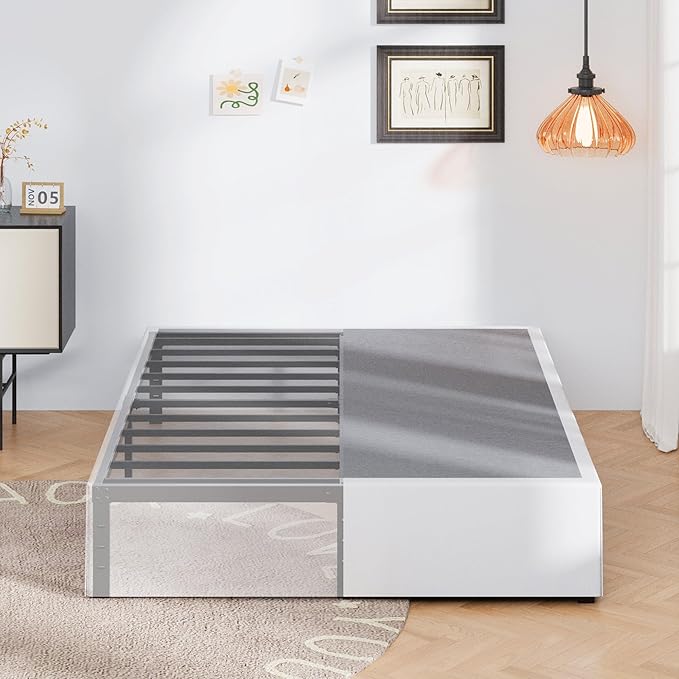16 Inch Cal King Bed Frame with White Skirt Cover, Metal California King Bed Frames with Storage, No Box Spring Needed, Heavy Duty, Easy Assembly, Noise Free, Mattress Foundation