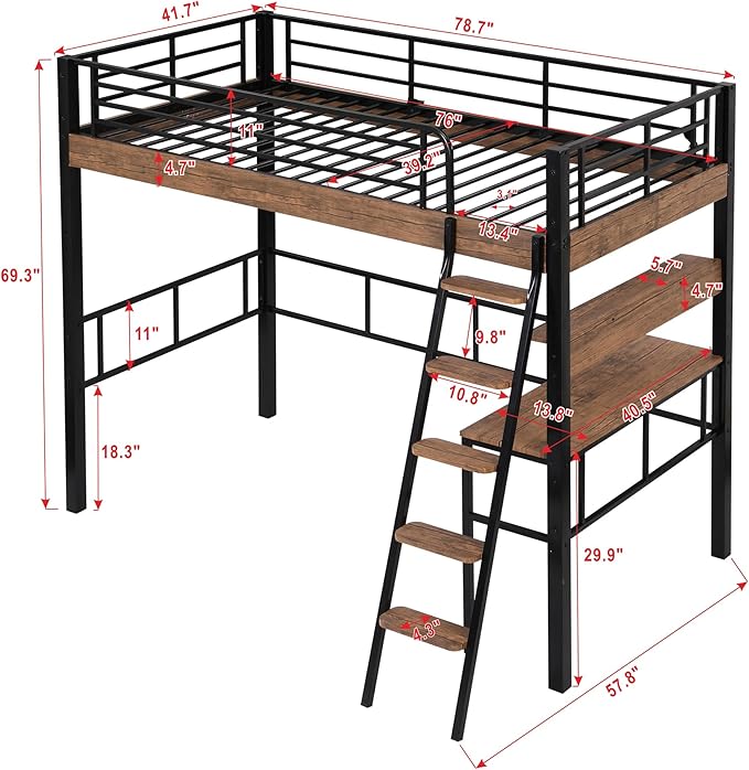 Metal Twin Size Loft Bed with Built-in Desk,Storage Shelf and Ladder,Full-Length Guardrails and Secured Metal Slats, High LoftBed W/Large Storage Space for Kids Teens Adults Bedroom,Black