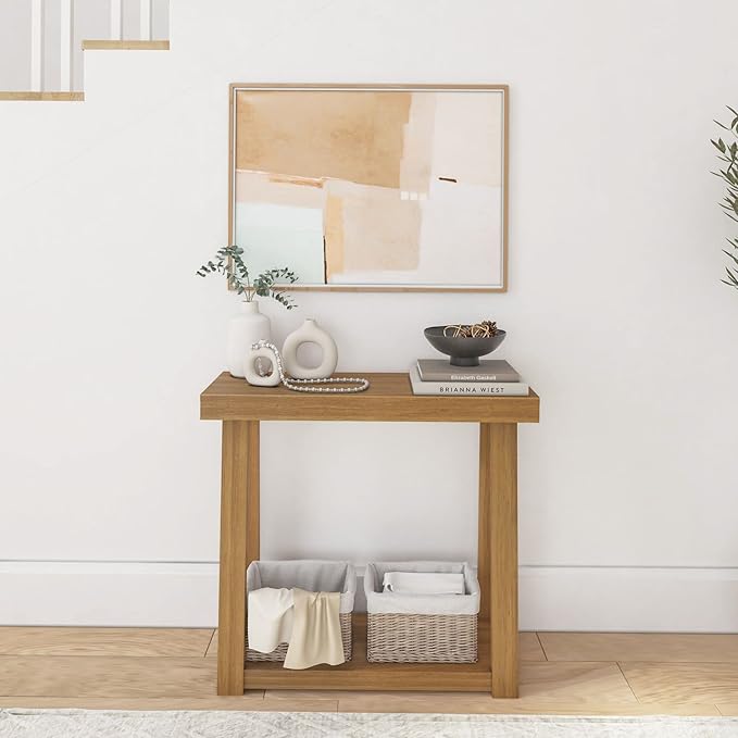 Plank+Beam Solid Wood Console Table with Storage, 36 Inch, Sofa Table with Shelf, Narrow Entryway Table for Hallway, Behind The Couch, Living Room, Foyer, Easy Assembly, Pecan