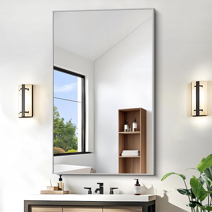 KOCUUY 30x48 Inch Large Silver Wall Mounted Mirror,Brushed Nickel Framed Rectangular Mirror for Wall Over Sink,Modern Design for Bedroom Living Room Bathroom,Functional Oversized Mirror