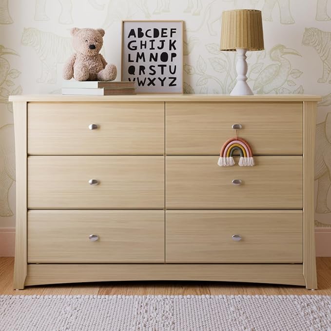 Storkcraft Crescent 6 Drawer Double Dresser (Driftwood) – GREENGUARD Gold Certified, Nursery Dresser for Kids Bedroom