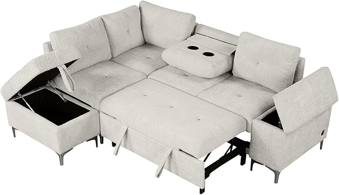 Ball & Cast 88.2" L-Shaped Sectional Pull Out Sofa with Ample Storage Space,Versatile Convertible Couch w/Two Cup Holders and Two USB Ports,Movable Storage Ottoman,for Living Room,Apartment,Beige