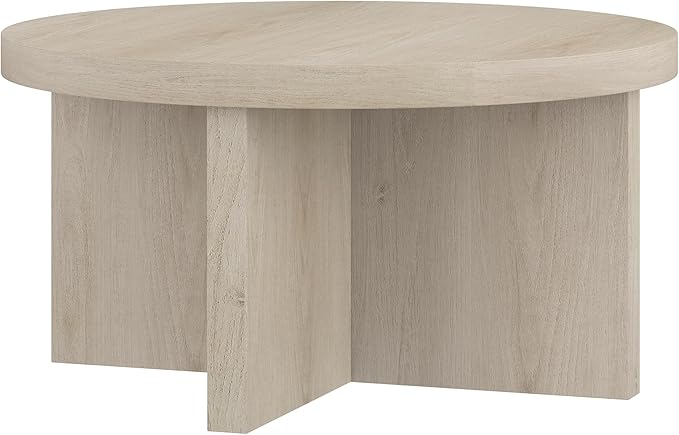 Henn&Hart 33" Round Wood Pedestal Low-Profile Coffee Table for Living Room, Family Room, Office or Apartment, Alder White