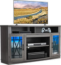 VEVOR TV Stand for TVs up to 65 inch, Farmhouse Entertainment Center with Light Strip, Wooden TV Cabinet Storage with Glass Doors and Adjustable Shelves, Console Table for Living Room, Bedroom, Gray