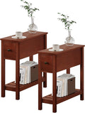 ChooChoo Narrow End Table, Small Side Table for Small Spaces, Slim End Table with Drawer, Narrow Nightstand Bedside Table for Living Room Bedroom, Cherry Brown, 2 Pack