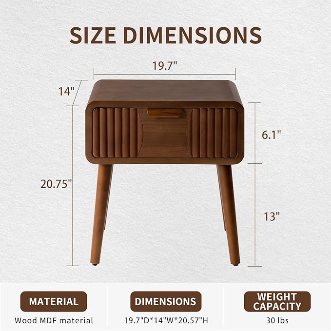 COSIEST Mid Century Modern Nightstands Set of 2, MCM Vintage Bedside Tables with Storage Drawers, Wood End Tables for Bedroom, Living Room (Brown, Striped Pattern)