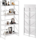 JSB No Assembly Folding Bookshelf, 4 Tier Industrial Metal Book Shelf for Storage, Vintage Wood Foldable Bookcase for Living Room, Bedroom, Office Organization Shelves