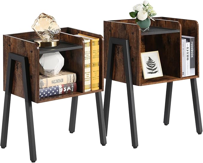 VECELO Nightstand Set of 2,Industrial End Table,Bedside Table with 2-Tier Open Storage Shelves,Wood Side Table with Metal Frame for Bedroom, Living Room,Small Spaces