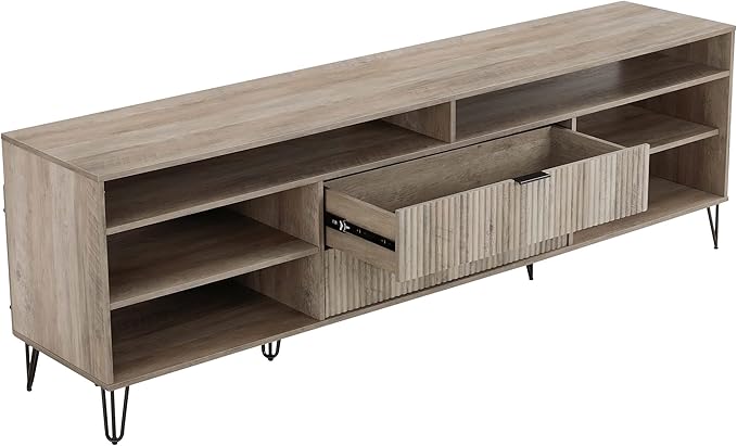 Manhattan Comfort Dumbo Mid Century Modern TV Stand for Televisions up to 80 Inches, Home Entertainment Center with Storage, 6 Shelves, 2 Drawers, No Tool Assembly, 85" Wide, Golden Brown