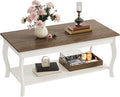ChooChoo Coffee Table, Rustic Center Table with Curved Legs and Storage Shelf, 39" Coffee Table for Living Room, Soft White
