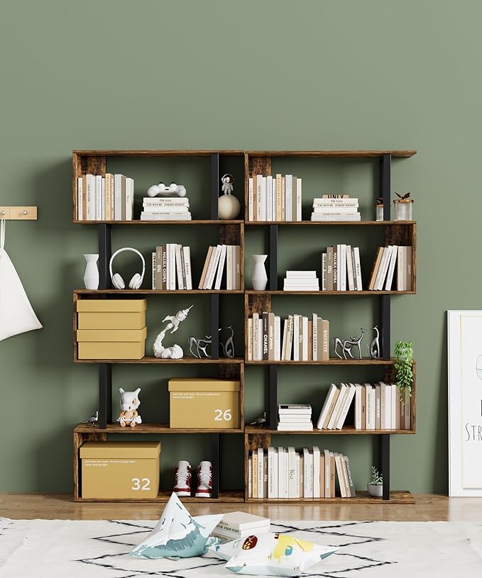 Gadroad 5-Tier Geometric Bookcase,S Shaped Bookshelf, Wood Decorative Storage Shelving, Modern Freestanding Display Shelves, Tall Book Shelf Unit for Living Room Bedroom, Rustic Brown