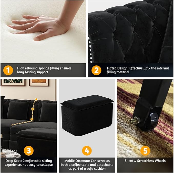 KEIKI 3-in-1 Velvet Chesterfield Sofa Bed with Ottoman, Convertible King Size Sleeper Couch, Rolled Arm Design, Comfortable 3-Seater for Living Room or Bedroom, Black