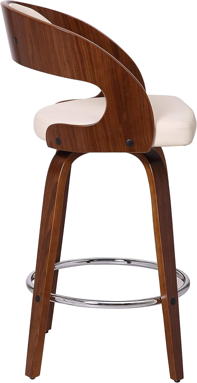 Armen Living Shelly 26" Counter Height Swivel Cream Faux Leather and Walnut Wood Bar Stool - Set of 2
