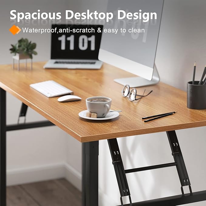 SDHYL 62 inches No Assembly Foldable Computer Desk for Home Office Workstation, Modern Study and Writing Folding Table with Metal Frame, Teak and Black