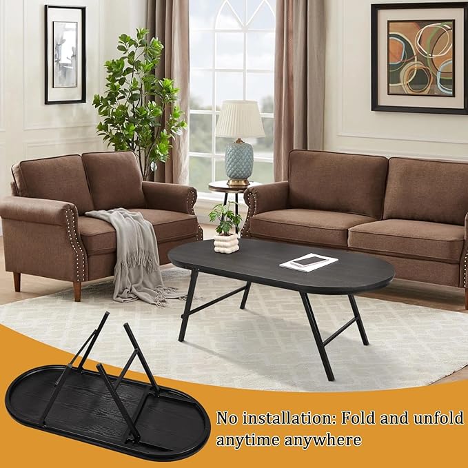 Small Oval Coffee Table Wood and Metal Folding Low Coffee Tables with Safety Lock Portable Outdoor Table Floor Center Table for Living Room Small Spaces, Black Gold