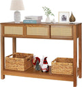 ZYBT Long Console Table, Rattan Entry Table, Console Tables for Entryway, Narrow Wood Console Table with Storage, Rustic Couch Table Hallway Table Brown Boho Sofa Table for Living Room