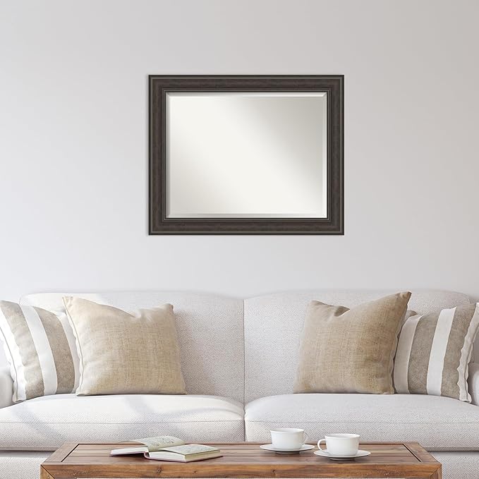 Amanti Art Brown Wall Mirror 28x34 Shipwreck Greywash Rectangle Bathroom Mirror for Wall Decor Living Room, Large Traditional Frame, Hangs Horizonally and Vertically, Bathroom Decor, Beveled Edge