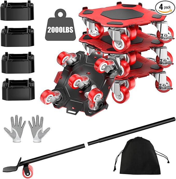 Upgraded Furniture Dolly Movers 5 Wheel Heavy Duty 3000LBS Capacity Carbon Steel Panel 360° Rotating Casters Furniture Slider for Sofa Refrigerator Piano (Red, 6in)