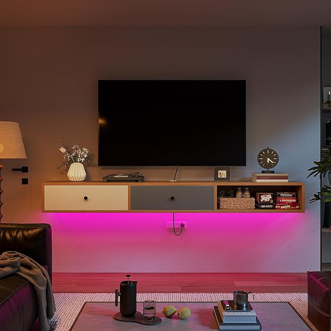 Modern Floating TV Stand with Doors, 70 Inch Wall Mounted TV Console,Floating Media Console Cabinet Under TV Shelf for Living Room Bedroom,Natural