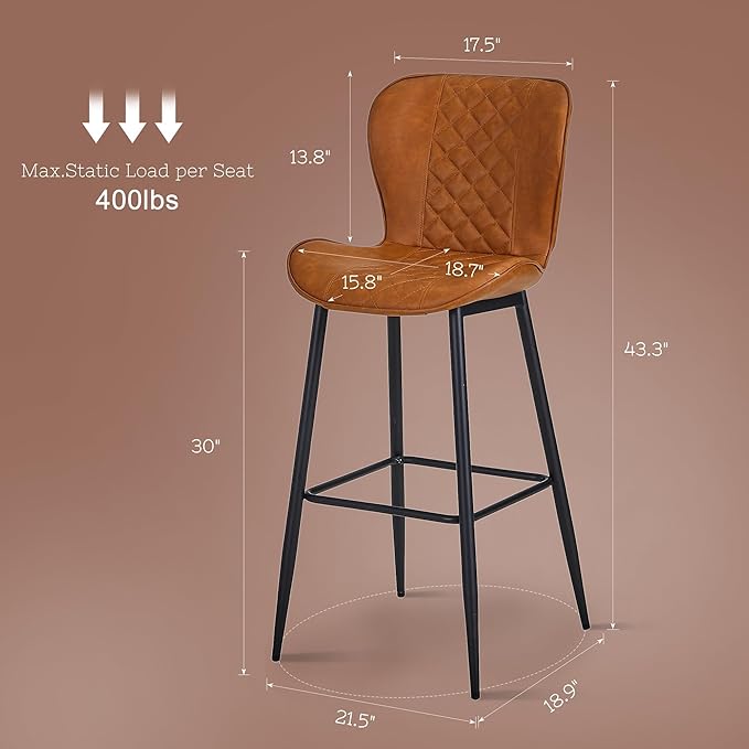 VECELO Quilted Bar Stools Set of 2, Bar Height Bar Stools with Back & Footrest, PU Leather with Stitching, Mid-Century Modern, 100% Virgin Cotton, 30" Tall, for Kitchen Home Bar, Caramel Brown