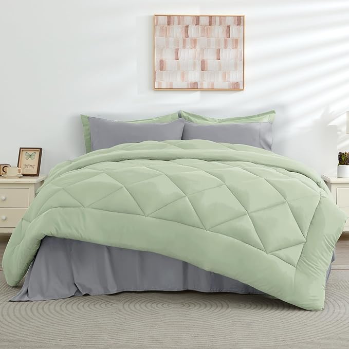 HEVUMYI Twin-XL Comforter Set - 5-Piece All Season Bed in a Bag Twin-XL, Ultra Soft Bedding Set with Comforter, Flat Sheet, Fitted Sheet, Pillowcases, Pillow Shams, Sage Green & Light Grey