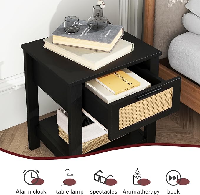IBUYKE Rattan Nightstand Set of 2, Boho Night Stand with Drawer, Wood Bedside Tables with Storage Shelf, End Table with Legs for Bedroom, Black UWNS011B-2