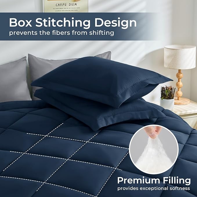 HEVUMYI Twin Comforter Set - 5-Piece All Season Bed in a Bag Twin, Ultra Soft Bedding Set with Comforter, Flat Sheet, Fitted Sheet, Pillowcases, Pillow Shams, Navy Blue & Light Grey