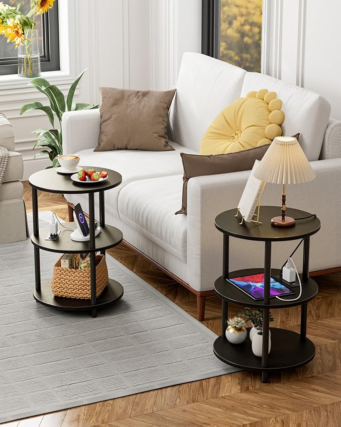 Small Round End Table - 3 Tier Design Accent Table, Narrow Side or Bedside Stand, Industrial Vintage Table for Small Spaces, Built-in USB Ports and Power Outlet, Charcoal Wenge
