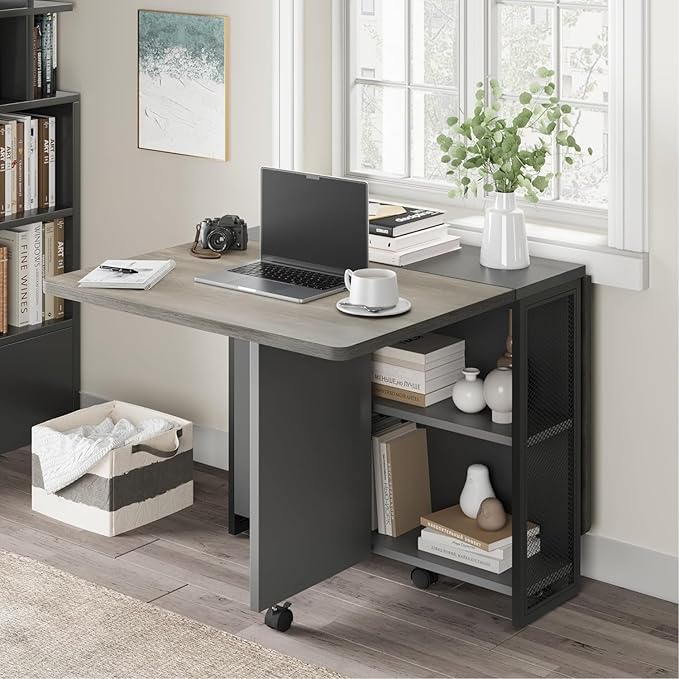 GarveeHome Folding Dining Table, Space Saving Farmhouse Dining Table for 4 Storage Shelf, 6 Wheels Multipose Expandable Kitchen Drop Leaf Table for Small Space (Carlo Grey, 50.1"D x 31.4"W x 29.5"H)